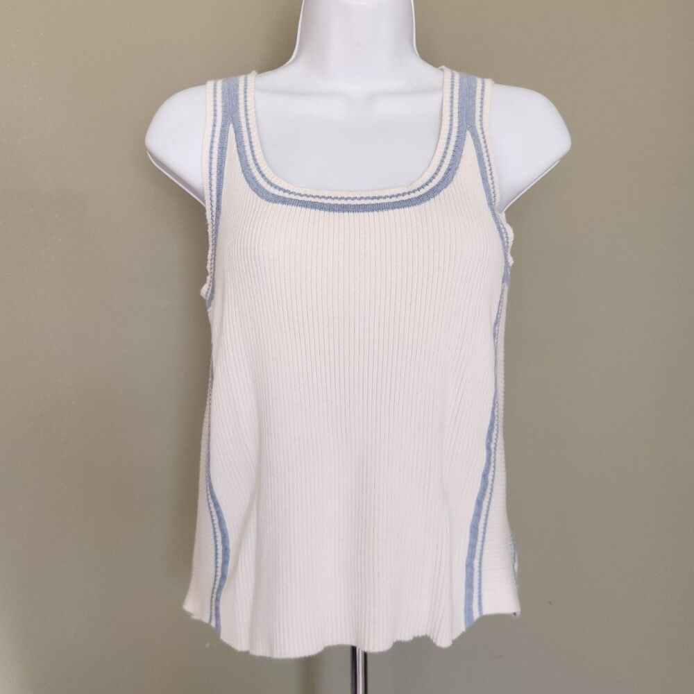 Faded Glory Ribbed Knit White& Blue 100% Cotton Stretchy Tank, XL 16/18